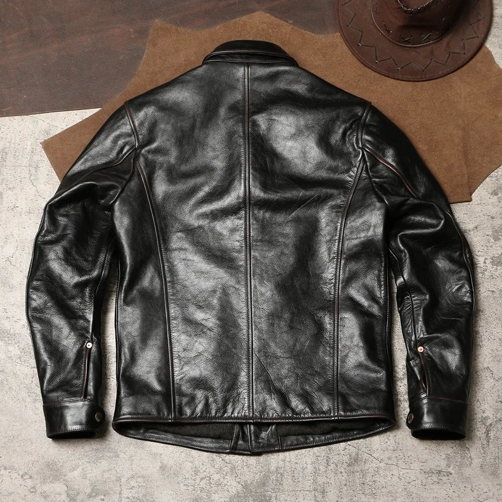 Tailor Brando American Vintage Switchman Men's Lapel Handaged Tea Core Cowhide Genuine Leather Work Jacket