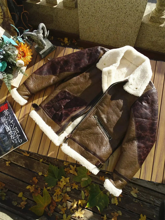Tailor Brando Original Sheep Shearling Men's Vintage Winter Warm Fur Jacket Short Genuine Leather Jacket Tailor Brando
