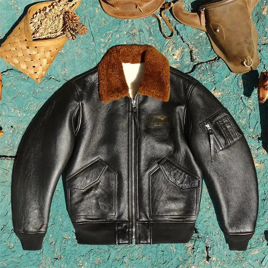 Tailor Brando Original Sheep Shearling Classic 45P Men's Retro Warm Winter Genuine Leather Bomber Jacket Tailor Brando