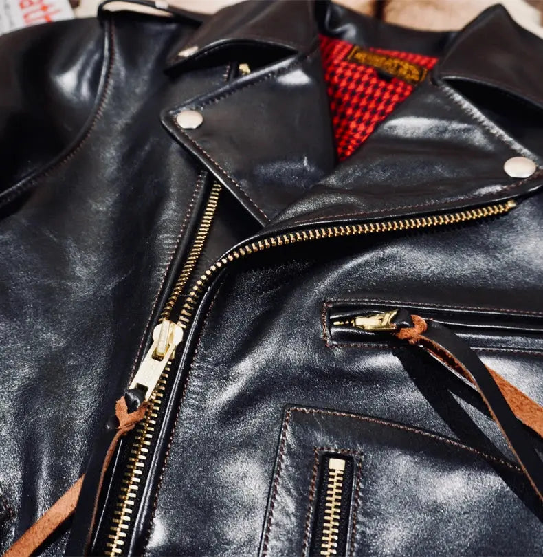 Tailor Brando Full-grain Vegetable-tanned Tea-core Horse Leather J24 Men's Genuine Leather Double Rider Jacket Tailor Brando