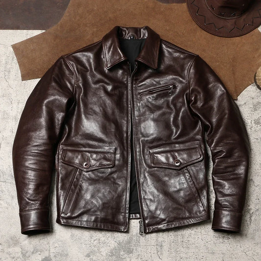 Tailor Brando Retro Men's Lapel Workwear Newsboy Cowhide Jacket Wax Dyed Goat Genuine Leather Jacke