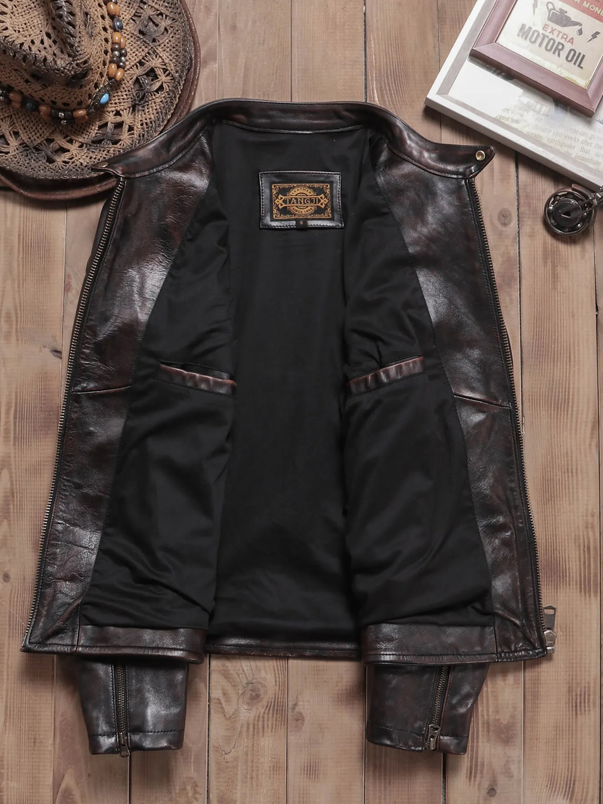 Tailor Brando Batik Vegetable Tanned Tea Core Horsehide Men's Venom Classic Genuine Leather Biker Jacet Tailor Brando
