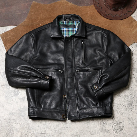 Tailor Brando Water-Dyed Cowhide Men's Oversized Short Genuine Leather Vintage Jacket Tailor Brando