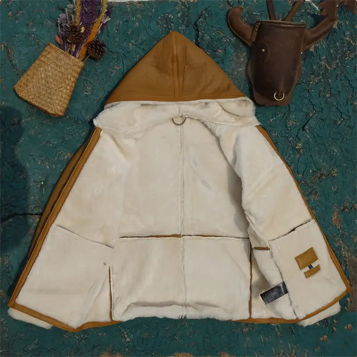 Tailor Brando Australian Organic Sheep Shearling Men's Hooded Winter Warm Genuine Leather Jacket Tailor Brando
