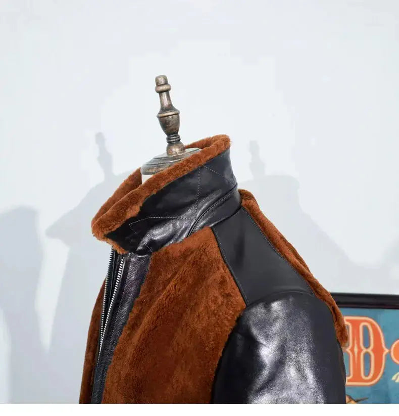 Tailor Brando American Retro Vegetable Tanned Horse Leather & Sheepskin Shearling Men's Classic Grizzly Leather Jacket Tailor Brando