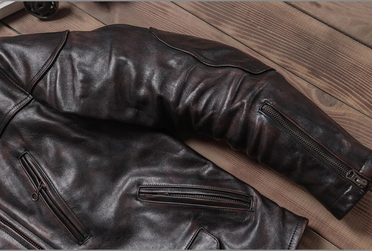 Tailor Brando Batik Vegetable Tanned Tea Core Horsehide Men's Venom Classic Genuine Leather Biker Jacet Tailor Brando