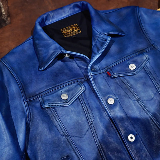 Tailor Brando Classic Washed Distressed Indigo Lambskin Classic 507 Vintage Men's Short Genuine Leather Denim Jacket Tailor Brando