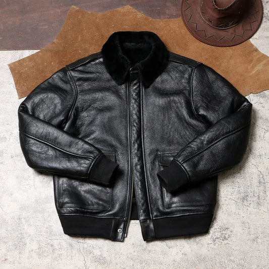 Tailor Brando Natural Sheep Shearling Men's Classic G1 Vintage Bomber Genuine Fur Jacket Tailor Brando