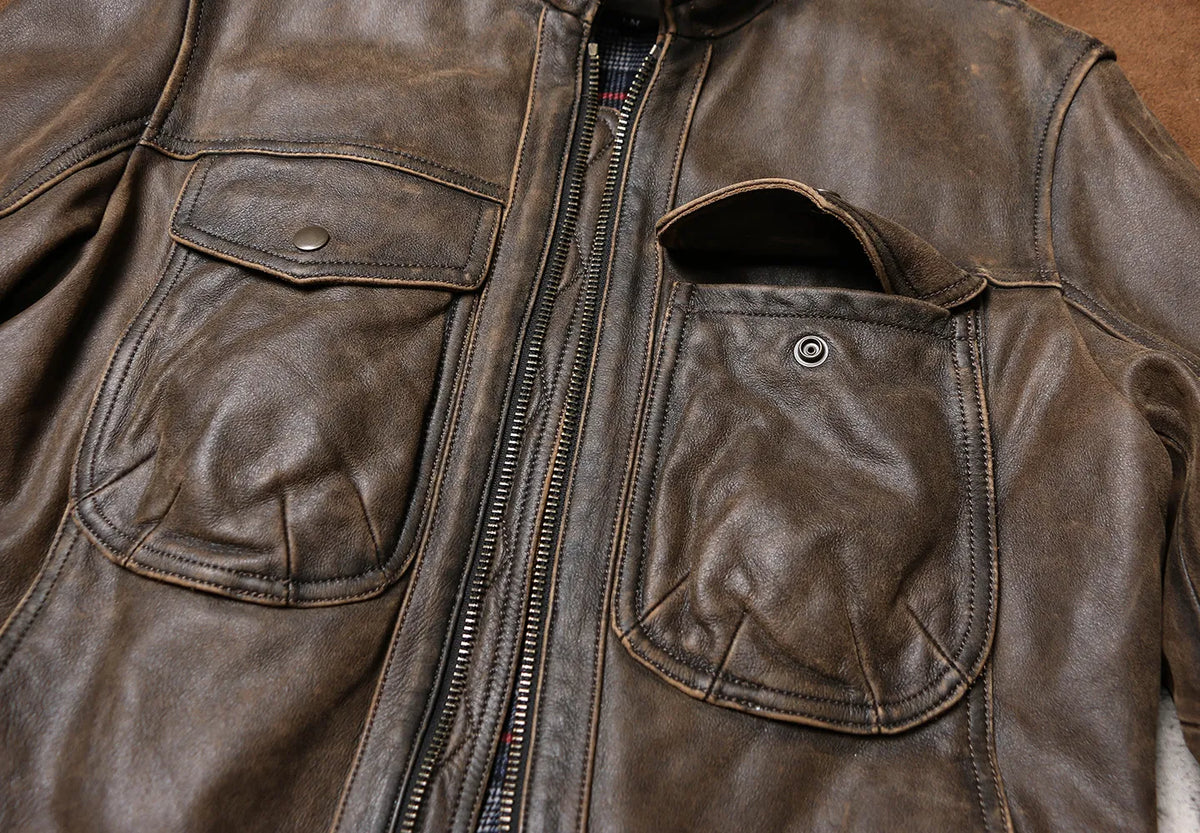 Tailor Brando Washed Distressed Cowhide Men's Relaxed Fit Cropped Genuine Leather Jacket Tailor Brando