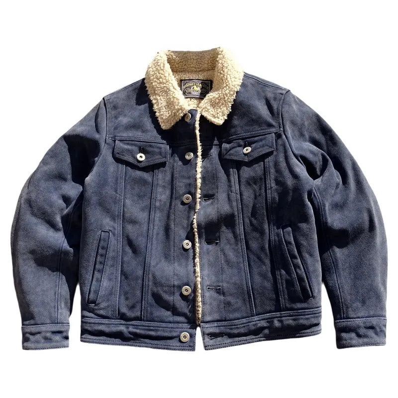 Tailor Brando American Retro Heavily Washed & Distressed Classic 507 Men's Warm Winter Genuine Leather Denim Jacket Tailor Brando