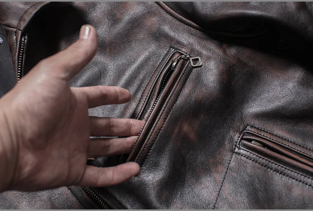 Tailor Brando American Retro Mulholland Distressed Teacore Cowhide Men's Genuine Leather Motorcycle Jacket Tailor Brando