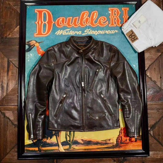 Tailor Brando Heavy Washed Vegetable Tanned Distressed Sheepskin Classic Venom Men's Retro Genuine Leather Biker Jacket Tailor Brando