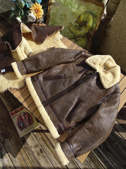 Tailor Brando Original Sheep Shearling Classic B6 Pilot Jacket Men's Warm Winter Genuine Fur Leather Jacket