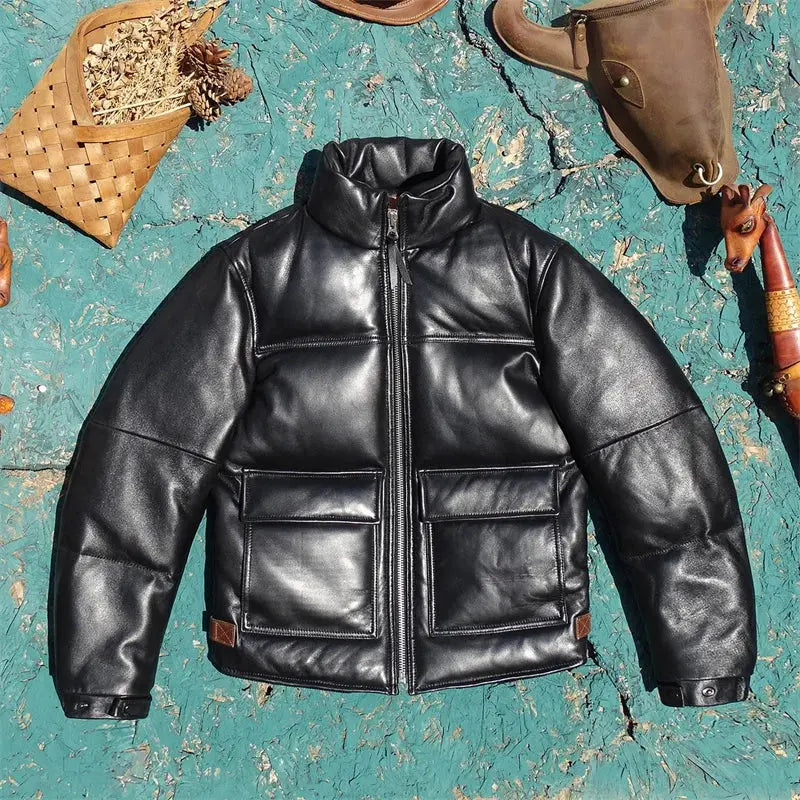 Tailor Brando Full-Grain Sheepskin Men's Winter Warm Short-Length Genuine Leather Down Jacket Tailor Brando