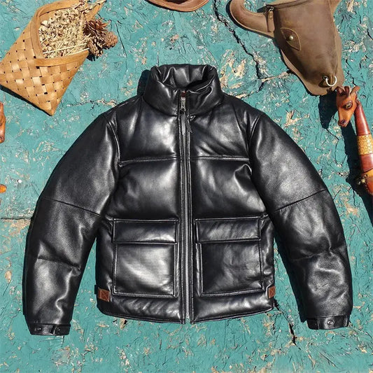 Tailor Brando Full-Grain Sheepskin Men's Winter Warm Short-Length Genuine Leather Down Jacket Tailor Brando