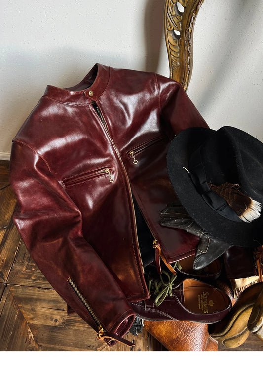 Tailor Brando Classic Replica J100 Italian Burgundy Oil Waxed Cowhide Leather Japanese Vintage Standing Collar Biker Jacket