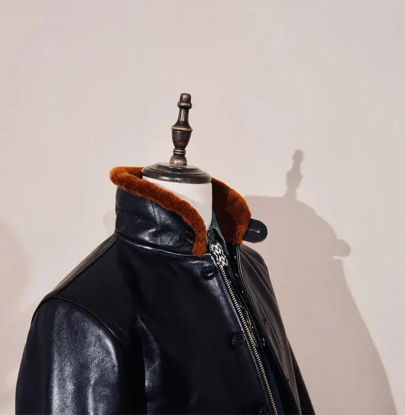 Tailor Brando Replica M*cOy Deck Jacket N1 Full-Grain Tea-Core Horsehide Men's Genuine Fur Collar Leather Jacket Tailor Brando