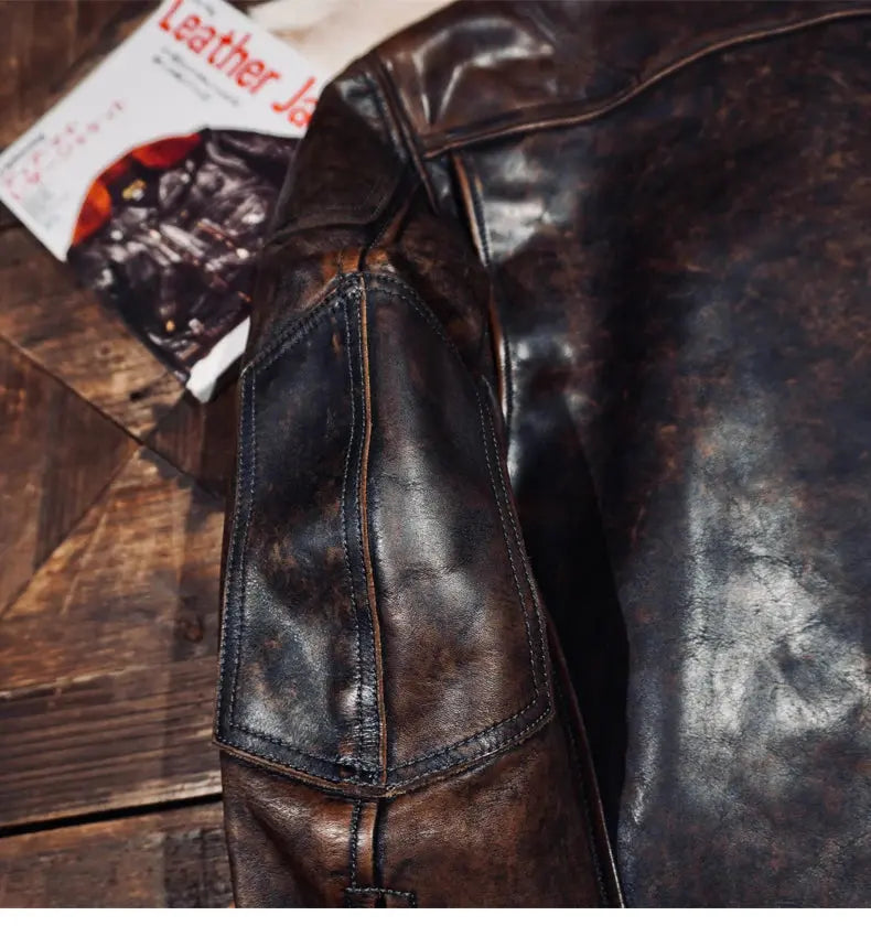 Tailor Brando Classic R*L Full Grain Vegetable Tanned Hand-Stitched Cowhide Men's Diagonal Zip Leather Motorcycle Jacket Tailor Brando