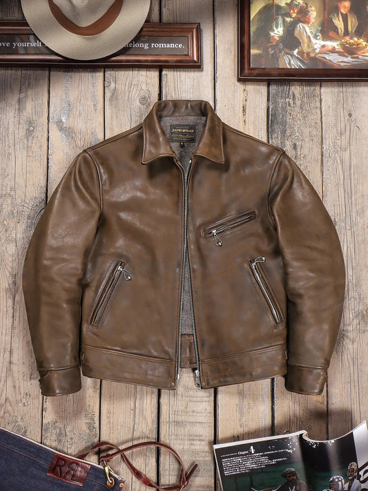 Tailor Brando Heavyweight Uncoated Oil-Waxed Cowhide Hand-Stitched Men's Classic Retro 1930s Genuine Leather Motorcycle Jacket Tailor Brando
