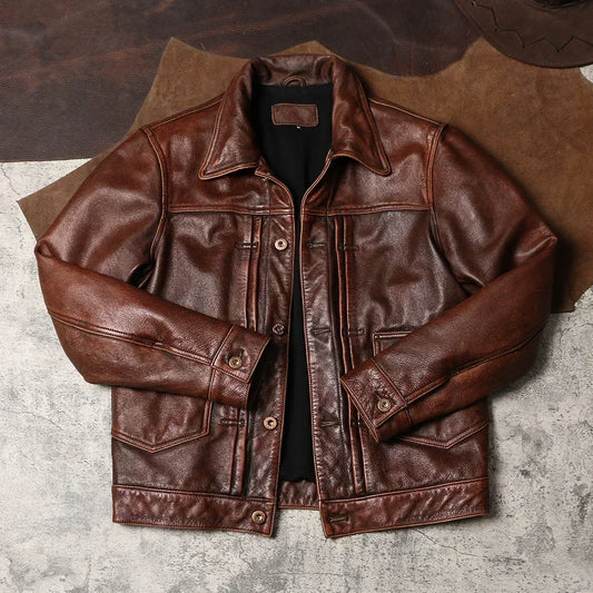 Tailor Brando Retro Distressed Antique Copper Color 506 Short Flip Collar Workwear Men's Top Layer Genuine Leather Jacket