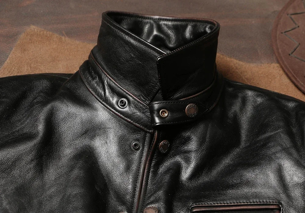Tailor Brando American Vintage Switchman Men's Lapel Handaged Tea Core Cowhide Genuine Leather Work Jacket