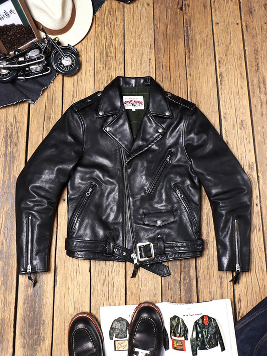 Tailor Brando Italy Heavy Washed Full Grain Cowhide 613 Double Rider Men's Short Leather Biker Leather Jacket