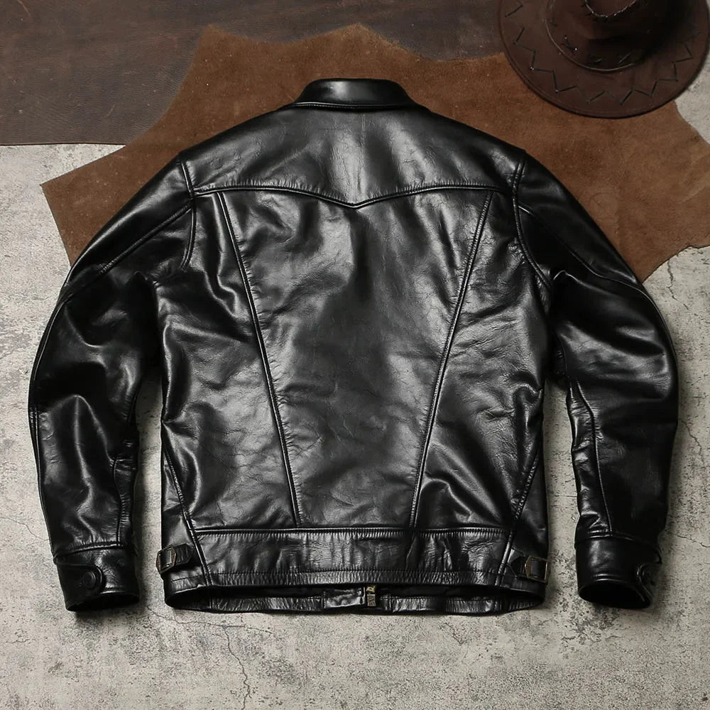 Tailro Brando Batik Cowhide Mendoza Men's Retro Genuine Leather Vintage Short Biker Jacket