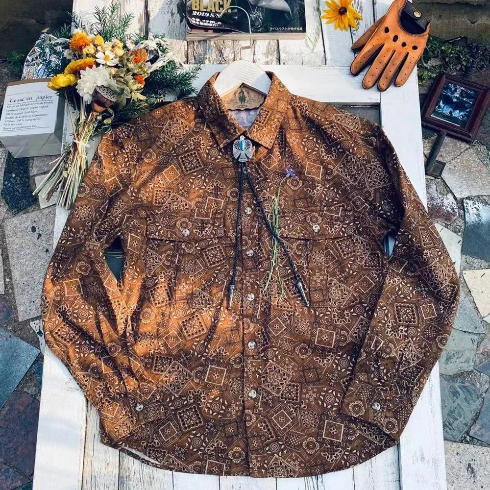 Tailor Brando Cuba Biren "Rich Flowers" Retro Totem Print Classic Long-Sleeved 100% Cotton Shirt