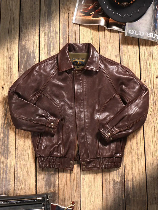 Tailor Brando American Loose Retro 1.3mm Uncoated Water-dyed Head Layer Vegetable Tanned Cowhide Men's Genuine Leather Jacket