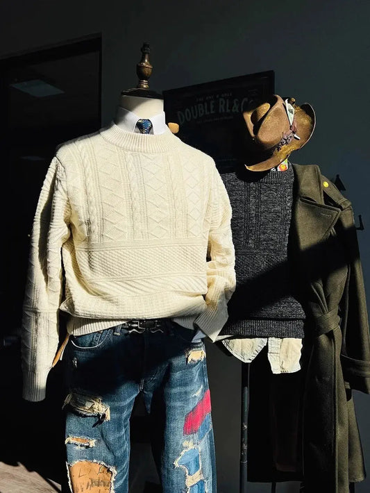 Tailor Brando American Vintage R*L Half Turtleneck Heavyweight Twisted Flower Aran Sweater Thickened Pullover Wool Sweater Tailor Brando