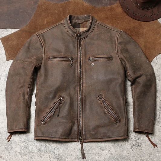 Tailor Brando American Vintage Brushed Cowhide Leather Men's J100 Classic Collar Short Genuine Leather Jacket