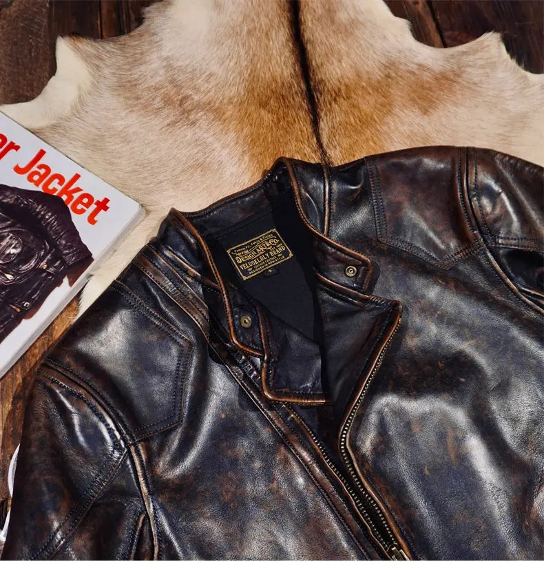 Tailor Brando Classic R*L Full Grain Vegetable Tanned Hand-Stitched Cowhide Men's Diagonal Zip Leather Motorcycle Jacket Tailor Brando