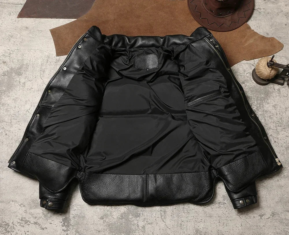 Top Layer Cowhide and Duck Down Warm Jacket for Men's Retro Leather Jacket, Winter Super Thick Genuine Leather Down Bread Jacket
