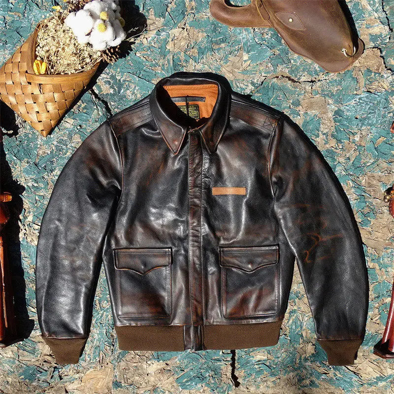 Tailor Brando  Full Grain Vegetable Tanned Tea Core Horsehide Escape A2 Handaged Men's Genuine Leather Aviator Jacket Tailor Brando