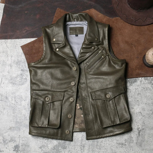 Tailor Brando Vintage Vest Men's Flip Collar Motorcycle Horse Clip Crystal Cowhide Sleeveless Kam Shoulder Leather Jacket