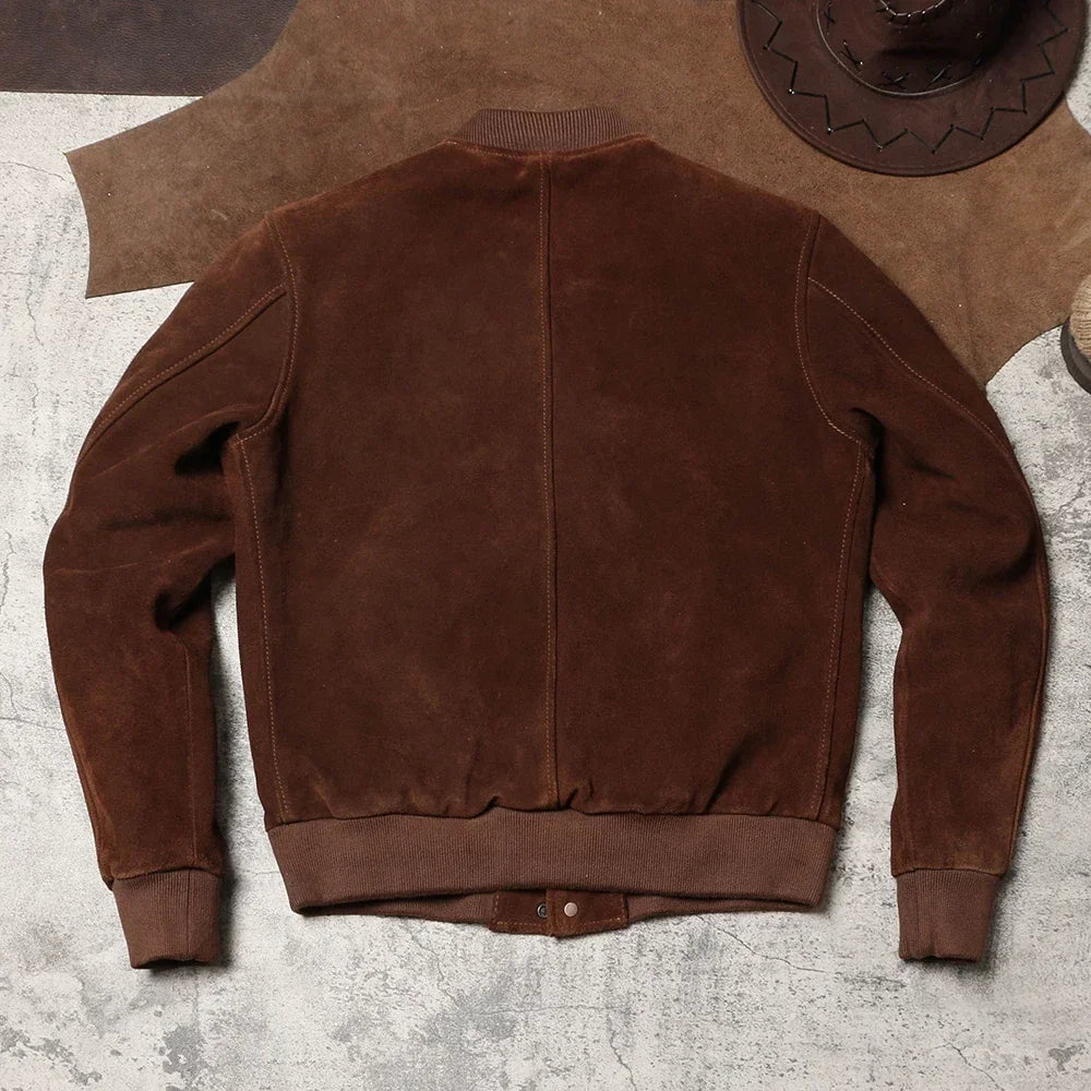 Reversed Suede Leather A1 Leather Jacket, American Retro Leather Jacket, Autumn and Winter Amikaki Men's Baseball Jacket
