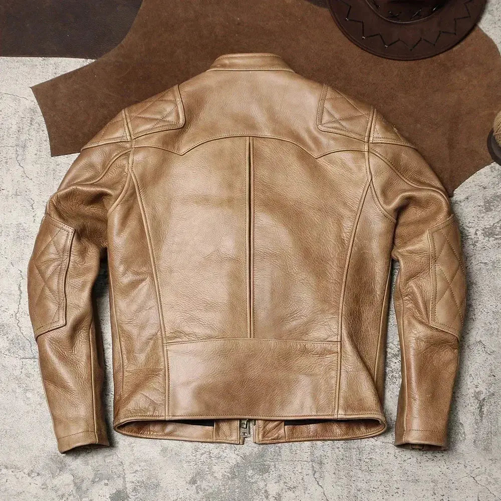 Tailor Brando Full-Grain Waxed Cowhide Men's Heavyweight Stand-Up Collar Retro Genuine Leather Motorcycle Jacket Tailor Brando
