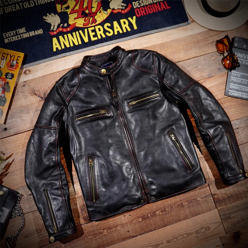 American Retro Stand-up Collar Motorcycle Jacket Tea Core Horseskin Leather Men's Short Section Washed To Make Old Slim Men