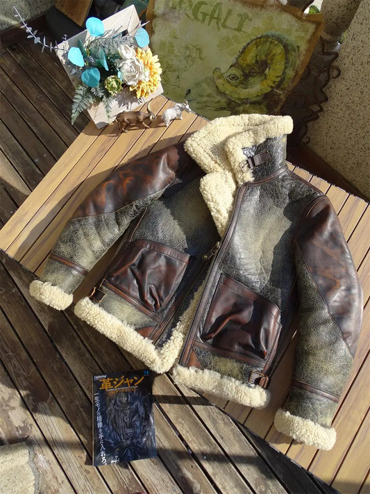 Tailor Brando Turkey Original Cashmere & Italy Vegetable Tanned Tea Core Horsehide Men's Vintage Genuine Fur Bomber Jacket