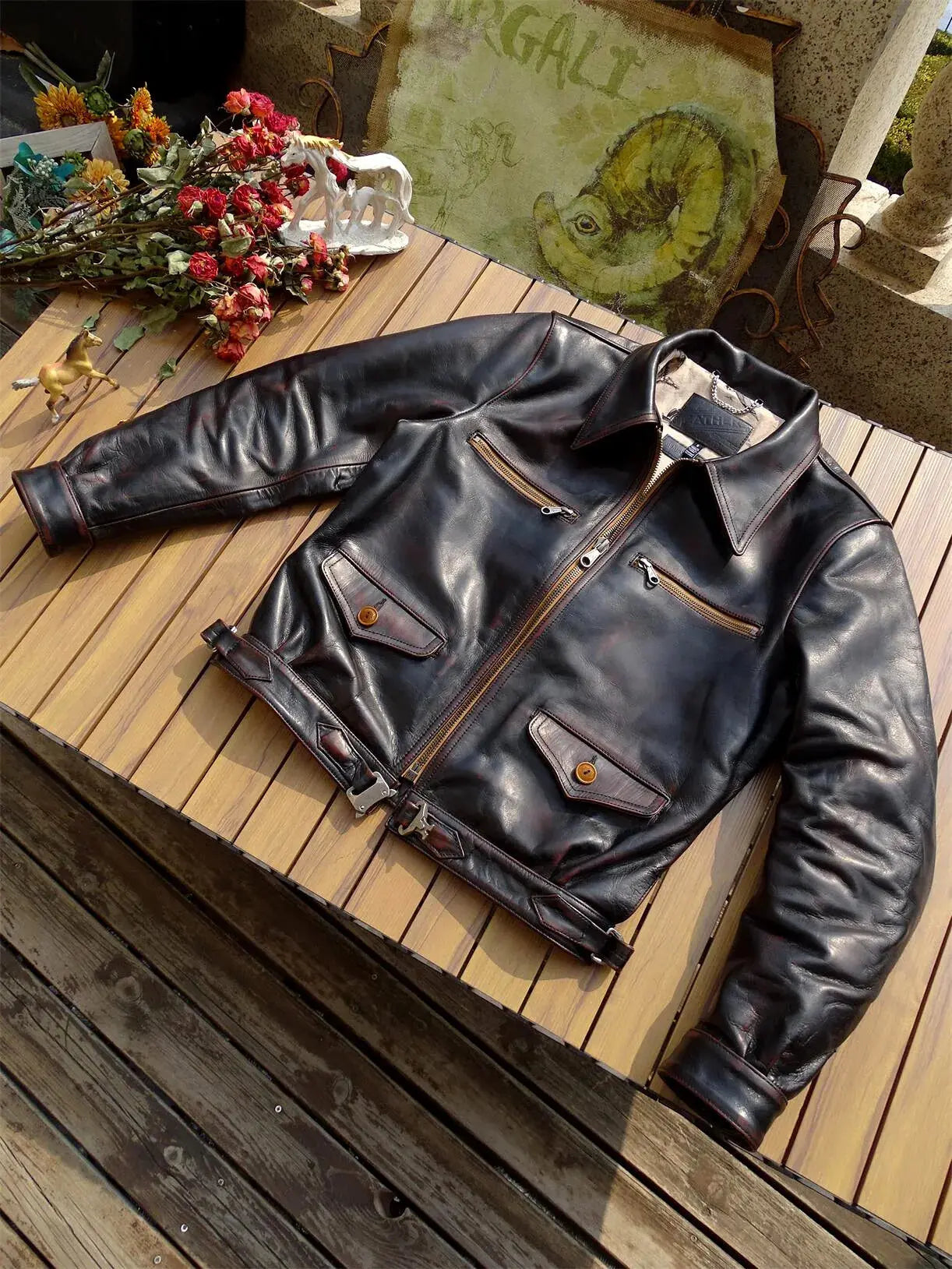 Tailor Brando Full-Grain Vegetable-Tanned Tea Core Horsehide Men's Short Genuine Leather Hartmann Pilot Jacket Tailor Brando