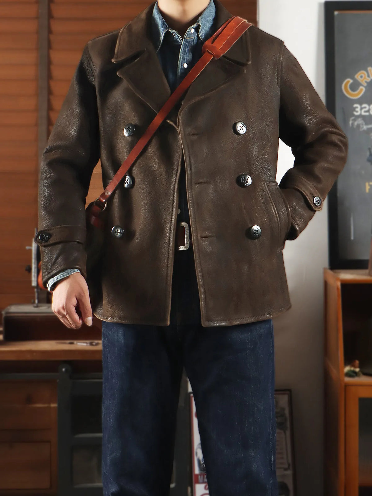 Tailor Brando 1.8mm Full Grain Cowhide America Retro Classic 740 Pea Coat Men's Genuine Leather Jacket Tailor Brando