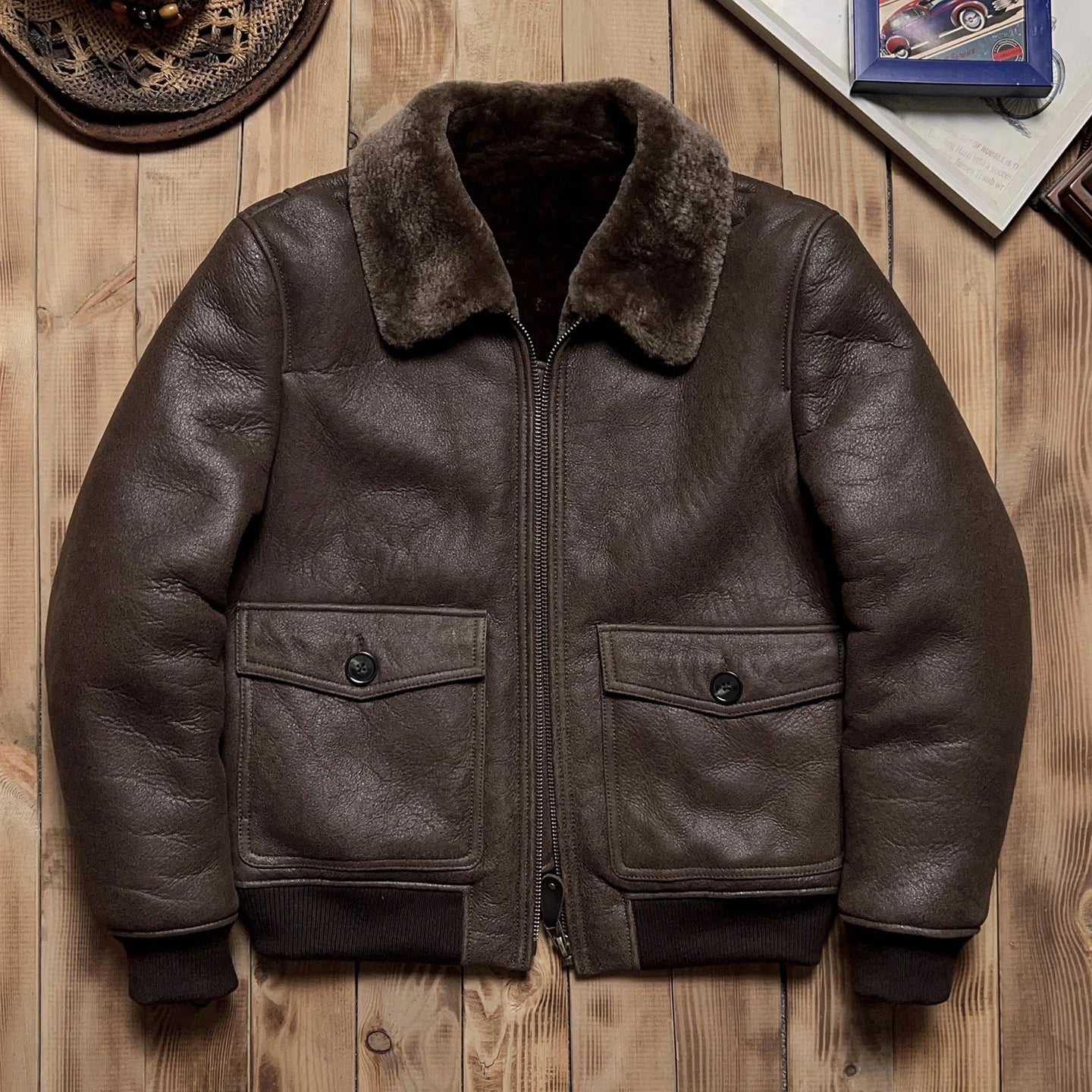 Tailor Brando Turkish Shearling Classic A2 Aviator Jacket Men's Classic Genuine Leather Fur Jacket