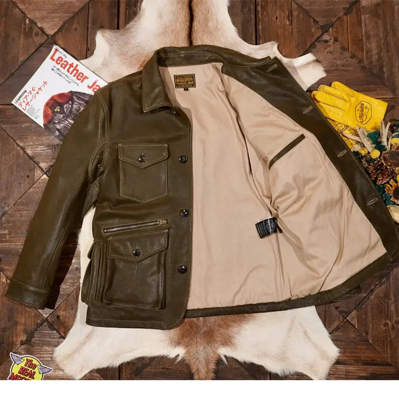 Tailor Brando American Vintage Western Style Full-Grain Cowhide Four-Pocket Men's Genuine Leather Safari Jacket Tailor Brando