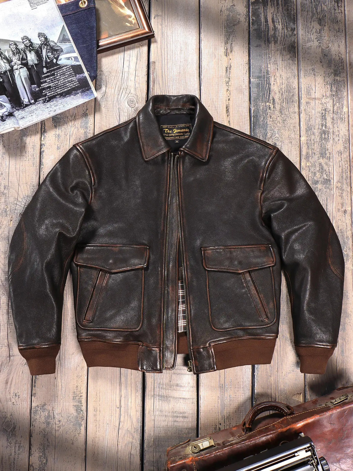 Tailor Brando Vegetable-Tanned Water-Based Tea-Core Goatskin American Vintage Aviator Jacket Men's Genuine Leather Lapel Jacket Tailor Brando