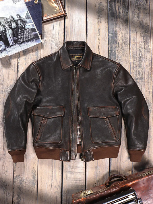 Tailor Brando Vegetable-Tanned Water-Based Tea-Core Goatskin American Vintage Aviator Jacket Men's Genuine Leather Lapel Jacket Tailor Brando