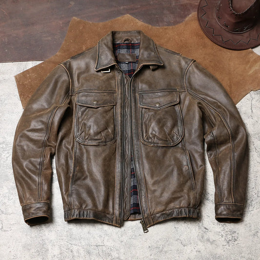 Tailor Brando Washed Distressed Cowhide Men's Relaxed Fit Cropped Genuine Leather Jacket Tailor Brando