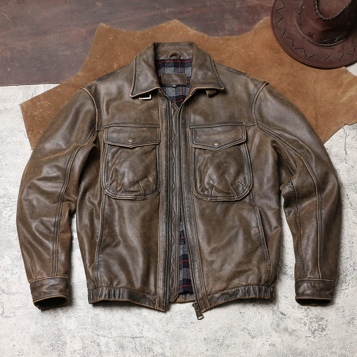 Tailor Brando Washed Distressed Cowhide Men's Relaxed Fit Cropped Genuine Leather Jacket Tailor Brando