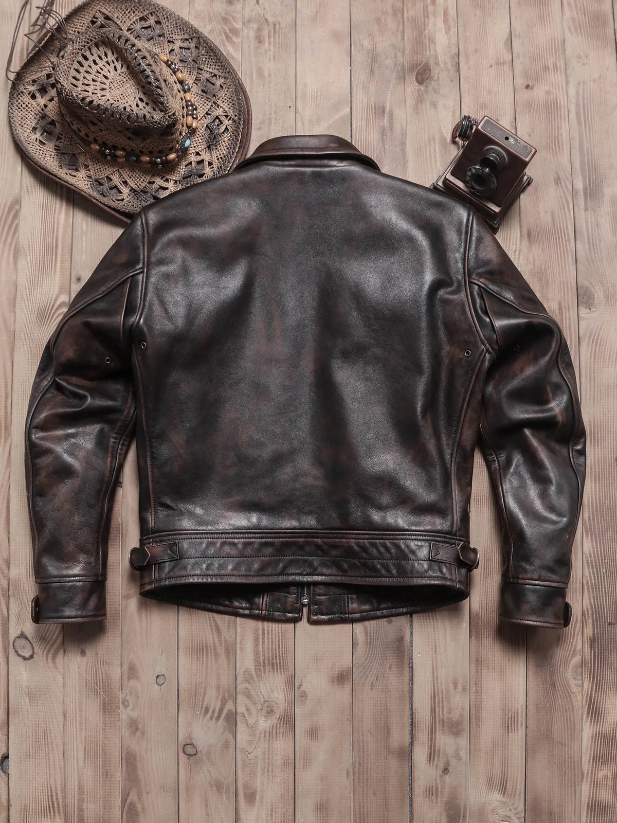 Tailor Brando American Retro Mulholland Distressed Teacore Cowhide Men's Genuine Leather Motorcycle Jacket Tailor Brando