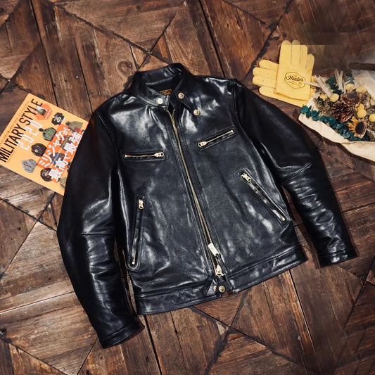 Tailor Brando Full-Grain Vegetable-Tanned Horsehide Classic J100 Men's Stand-Up Collar Motorcycle Genuine Leather Jacket Tailor Brando