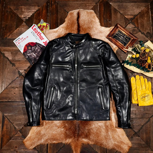 Tailor Brando Full-Grain Vegetable-Tanned Horsehide Men's Classic Stand-Up Collar J100 Genuine Leather Biker Jacket Tailor Brando